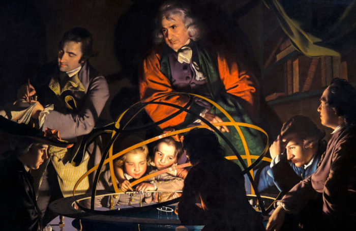 Un filósofo dando una conferencia sobre el Orrery, en la que se pone una lámpara en lugar del Sol o El Orrery por Joseph Wright de Derby