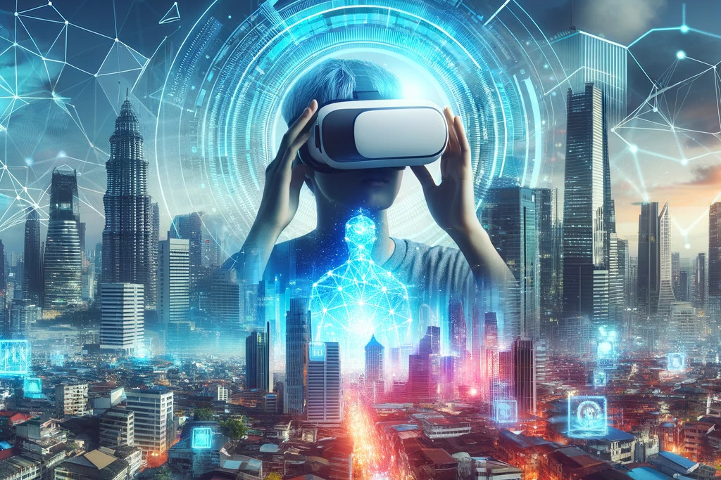 Paisaje urbano futurista con una superposición de realidad virtual, que simboliza la transición de la sociedad tradicional al Metaverso. Imagen generada por DALL-E 2024-01-15 23.25.31