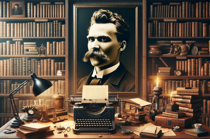 Imagen generada por DALL-E - Una sofisticada y artística imagen rectangular que representa a Friedrich Nietzsche GPT.