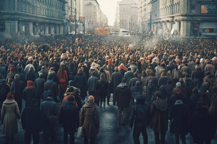 Multitud de personas protestando juntas caminando por la ciudad