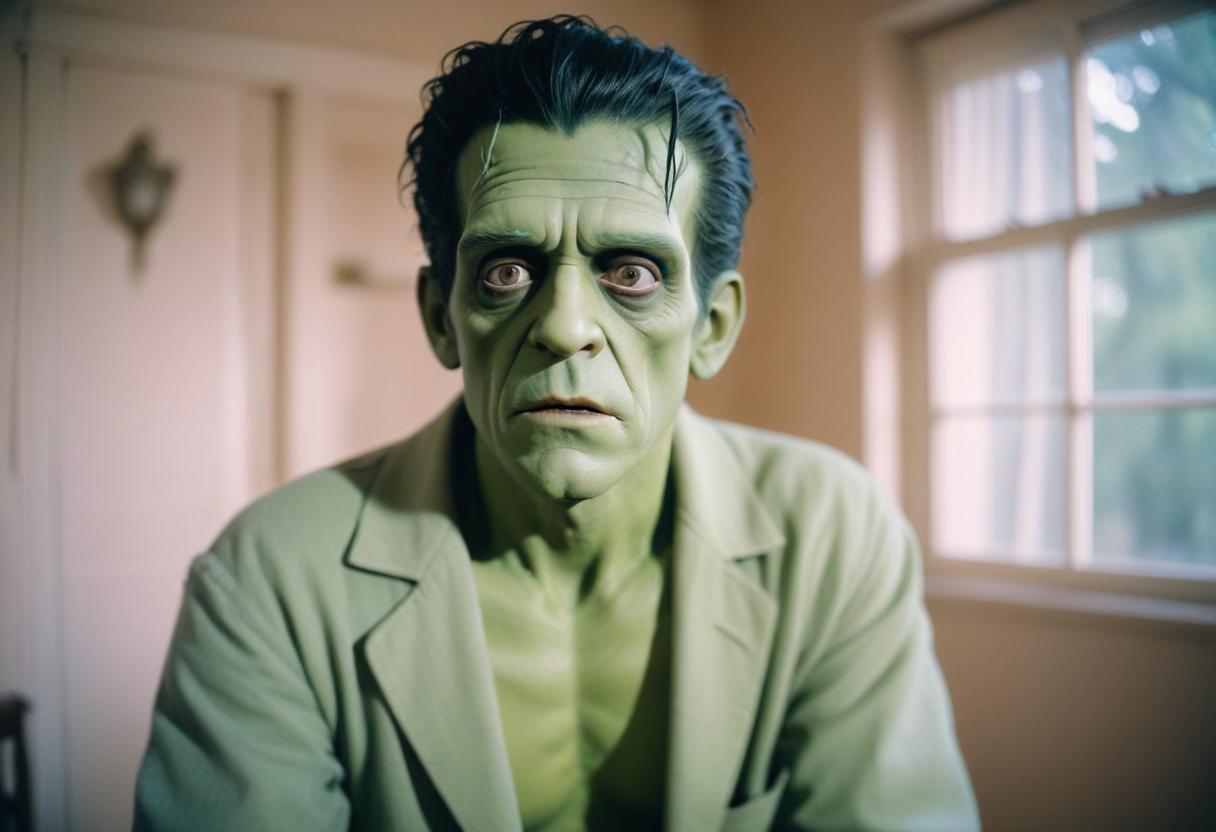 Frankenstein aparece en una habitación con un diseño romántico, mirando atentamente a la cámara…Imagen generada por AI Freepik.