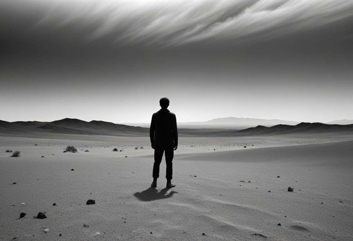 Fotografía de película de 35 mm, paisaje marciano inhóspito, una sola silueta humana de pie resueltamente contra el horizonte / Imagen generada por AI Freepik.