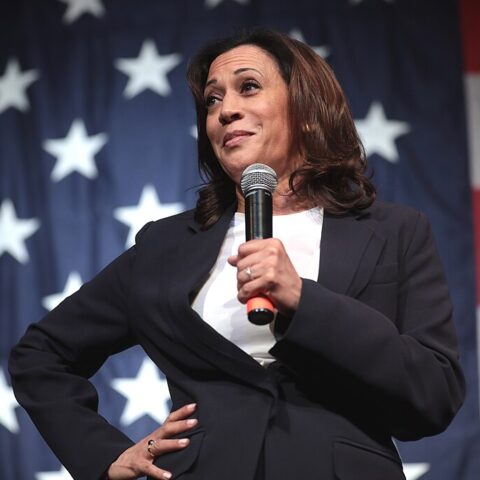 La vicepresidenta Kamala Harris hablando en el "Iowa Democratic Wing Ding" de 2019 en Clear Lake, Iowa; foto por Gage Skidmore.