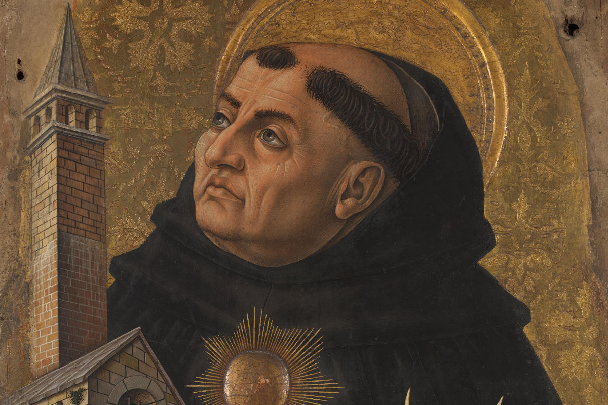 Saint Thomas Aquinas (1476) de Carlo Crivelli. Tempera sobre panel de álamo, mide 61 cm de alto por 40 cm de ancho y se encuentra en la National Gallery. Crédito de la imagen: National Gallery.