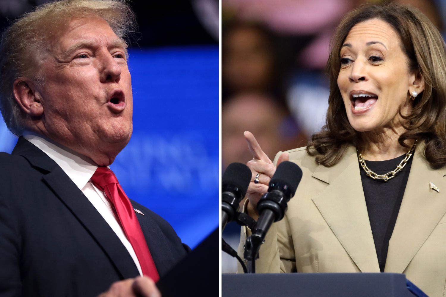 Trump y Harris dando discursos políticos.