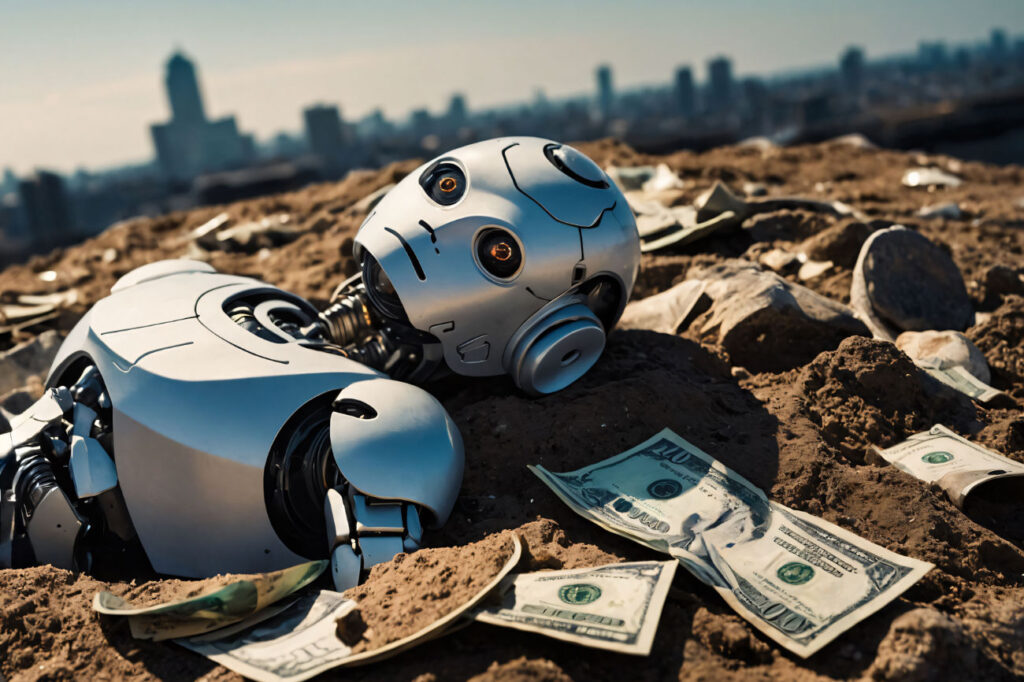 Robot on the floor surrounded by some dollar bills.