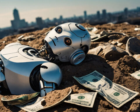 Robot on the floor surrounded by some dollar bills.